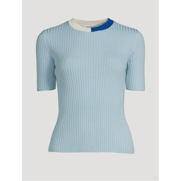 Akris Punto Virgin Wool Short Sleeve Sweater Womens US 14 Blue Cream Ribbed Crew - Picture 5 of 13